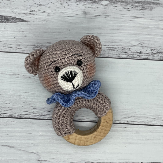 Baby Rattle - Caramel Bear with Blue Collar