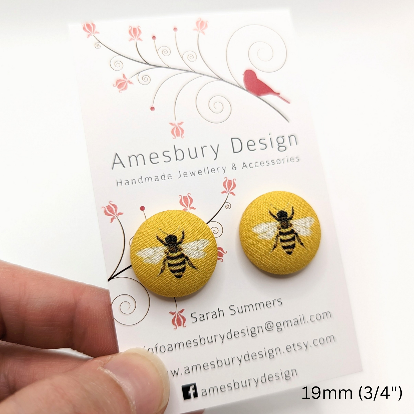 19mm Bee Fabric Button Earrings