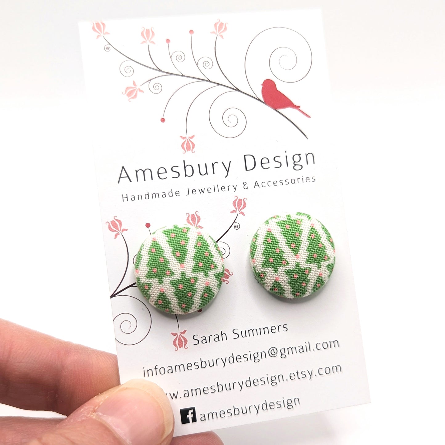 Green Christmas Tree 19mm Fabric Button Earrings