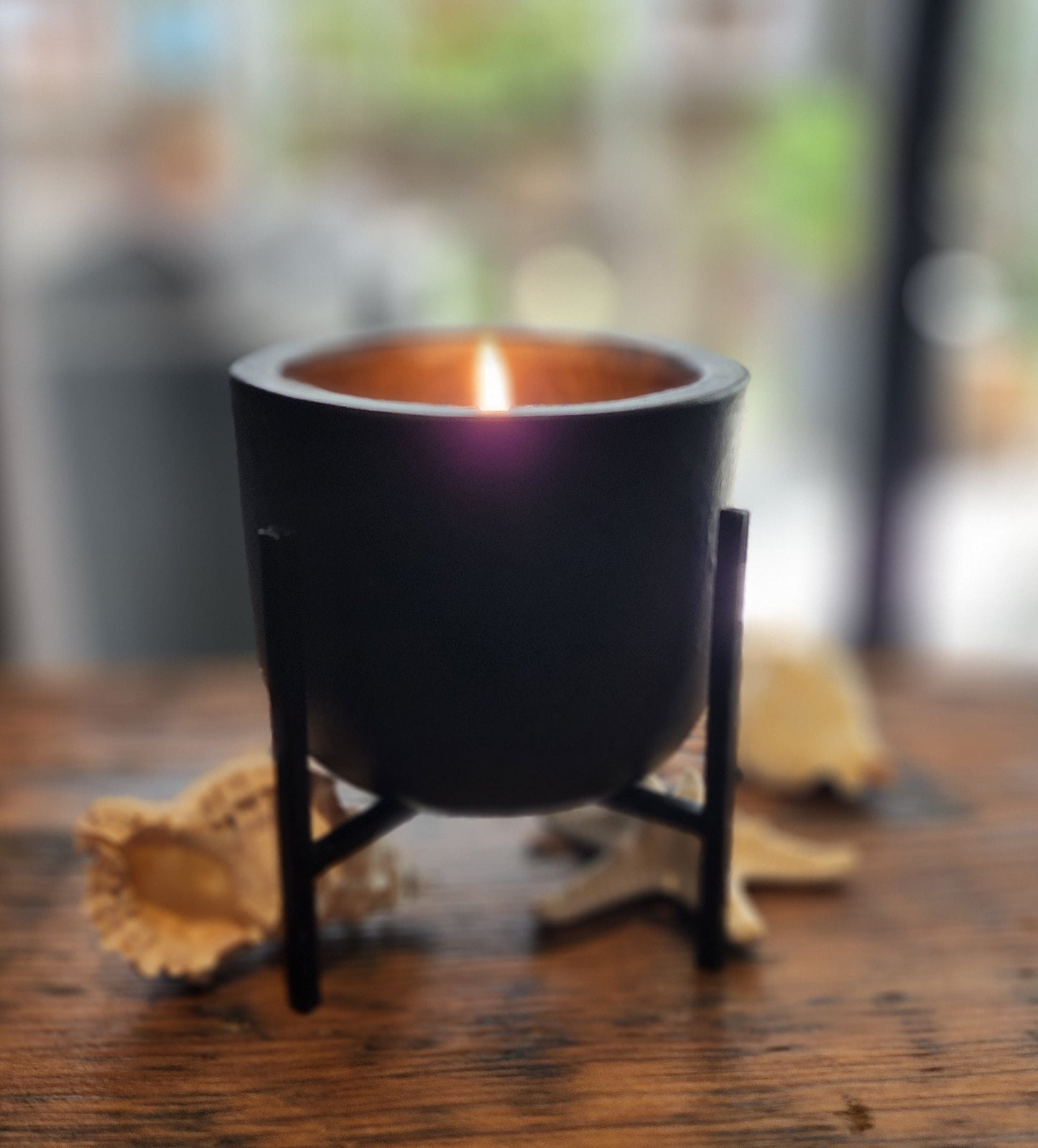 Contemporary Black Concrete + Metal Stand Soy Candle Scented with  Vintage Leather and Sandalwood