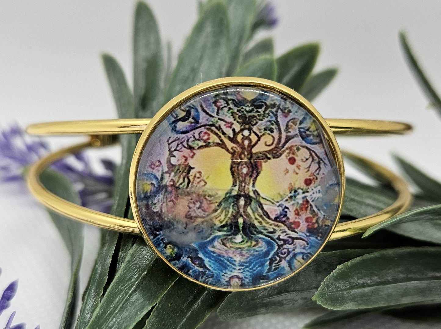 Gold Plated "Tree of Life" Cabochon Open Back Bracelet