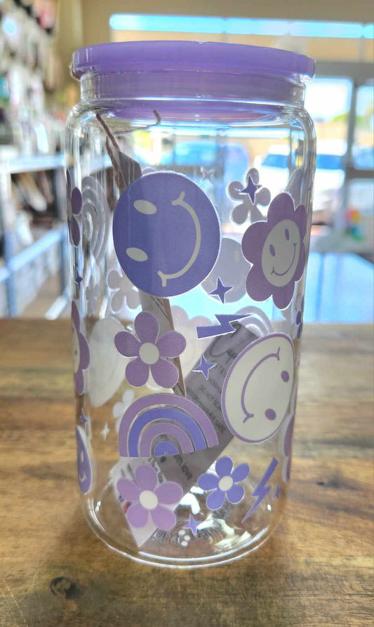 Libbey Glass Cup - Rainbows,  Faces, Flowers in Purple