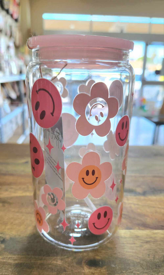 Libbey Glass Cup - Faces, Flowers in Pink
