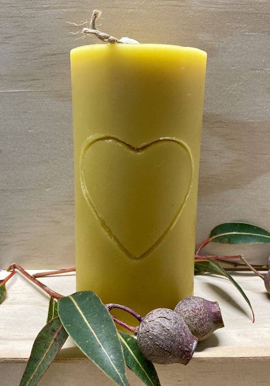 Beeswax candle - Heart engraved - Tall Pillar 14cm