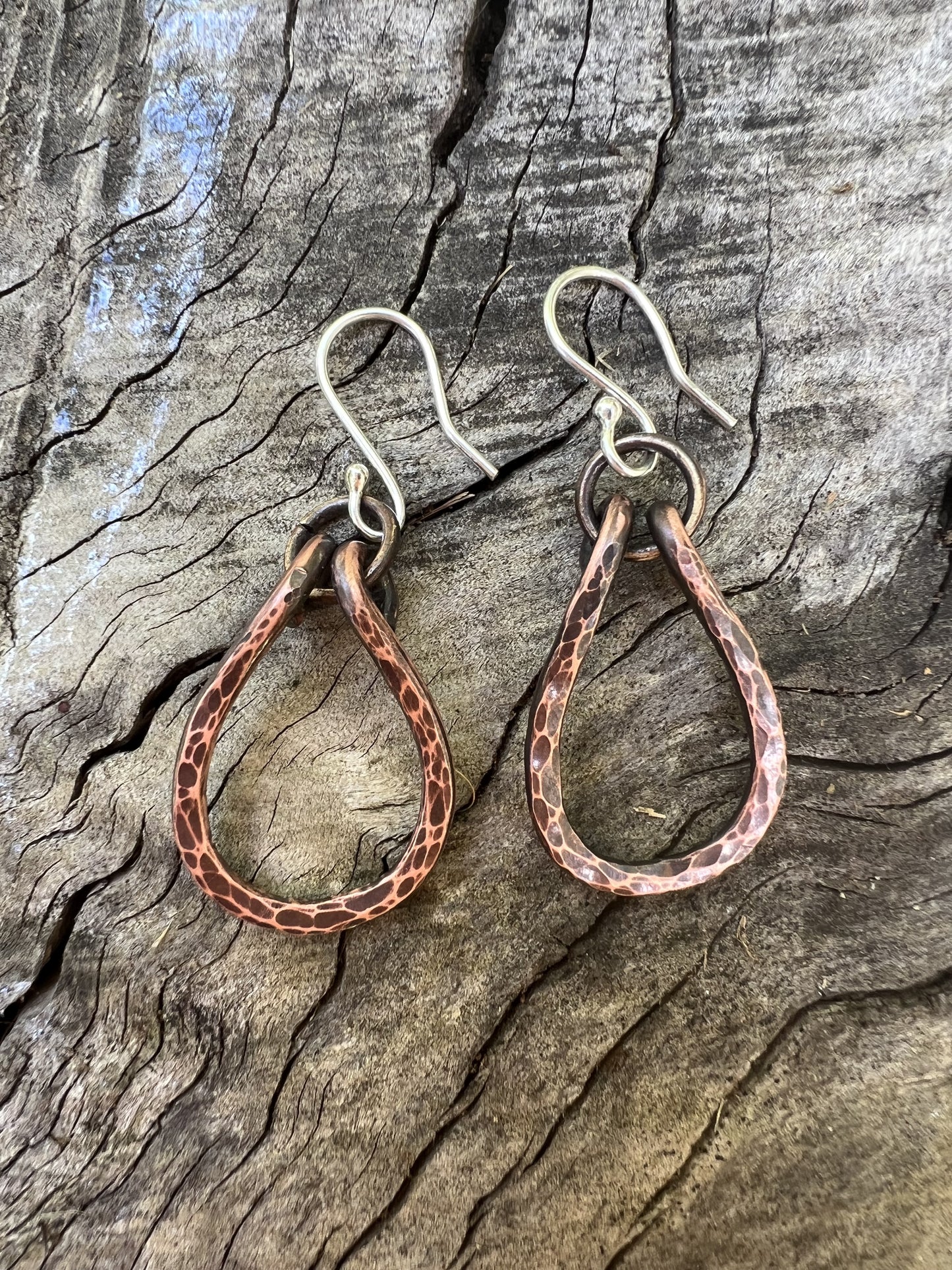 Hammered copper teardrop with ring earrings