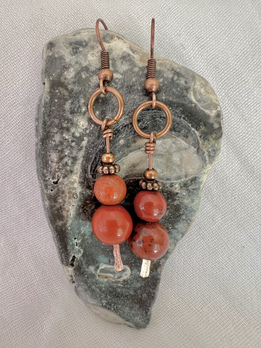 Red jasper and copper dangle earrings