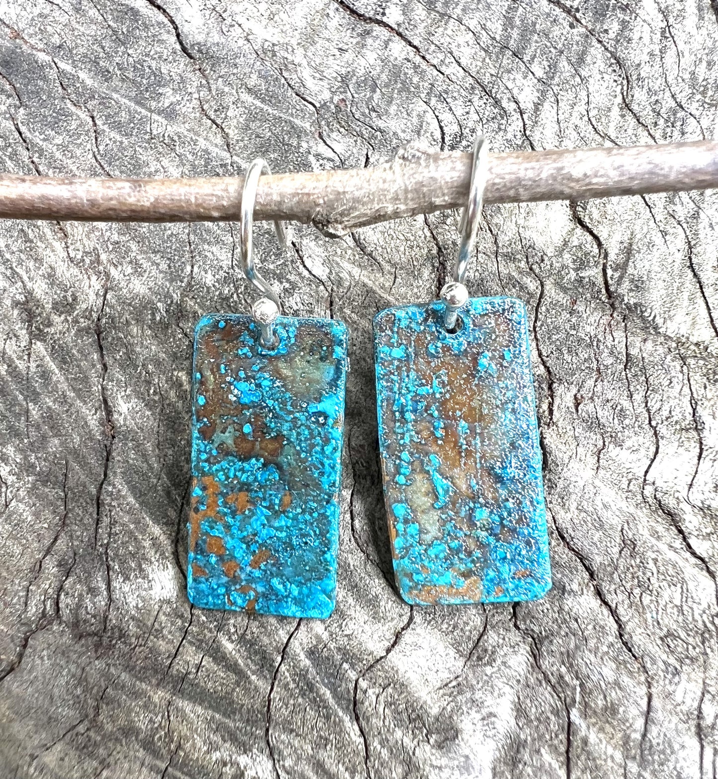 Natural verdigris blue patina small rectangular earrings