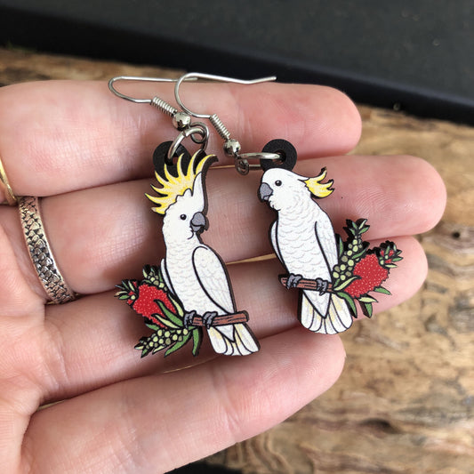Sulphur Crested Cockatoo Wooden Earrings