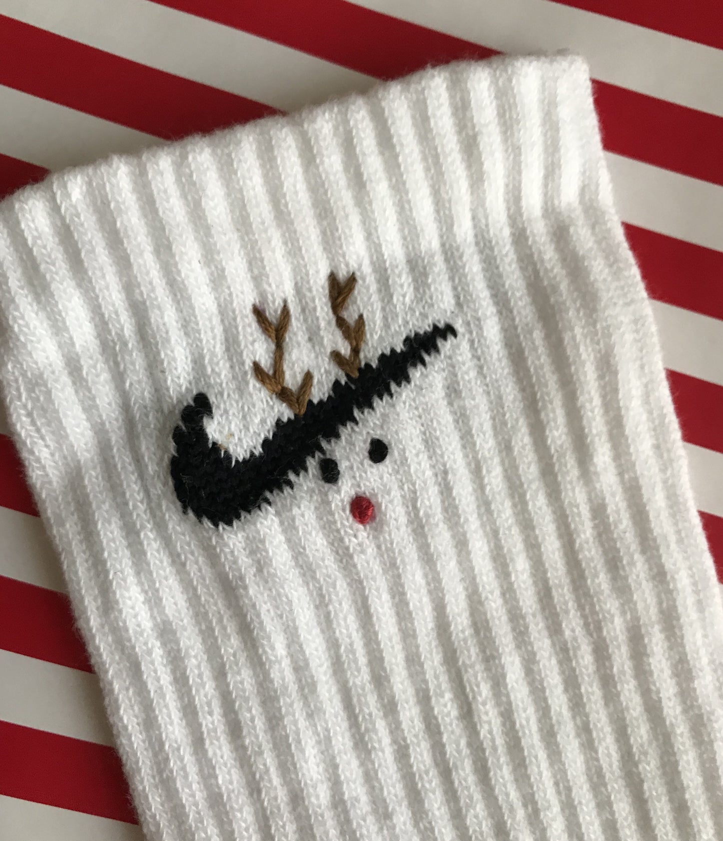 Reindeer Xmas Nike Socks, Hand Embroidered